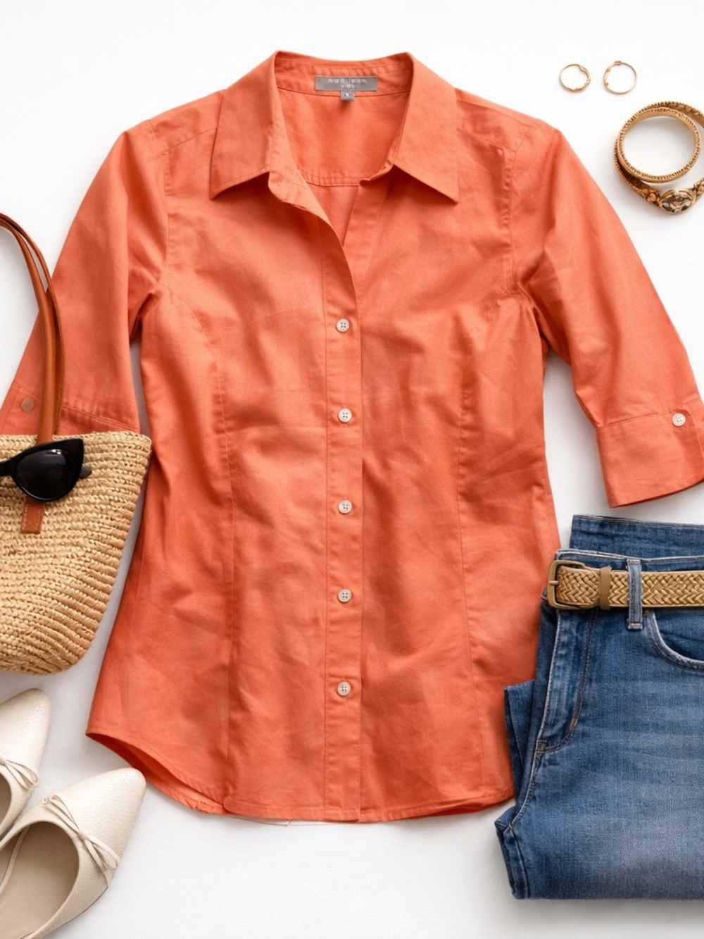 Foxcroft Orange Button Front Blouse 3/4 Sleeve Tailored Cotton Shirt XS in EUC